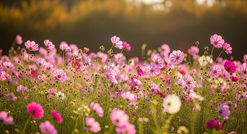 フリー素材 無料 写真|秋のコスモス草原柔らかな日差しと余白|告知バナーに使えるナチュラルな画像