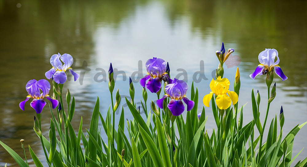 フリー素材 無料 写真|水辺に咲くアイリス反射光と余白|SNS投稿に使えるナチュラルな画像