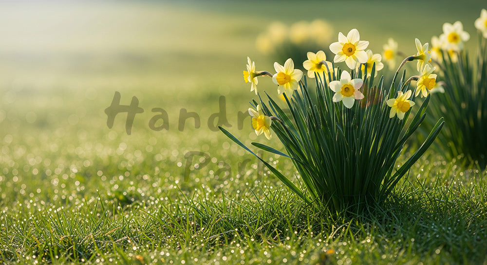 フリー素材 無料 写真|早春の草地に咲くスイセン群生朝光|作品紹介に使えるナチュラルな画像