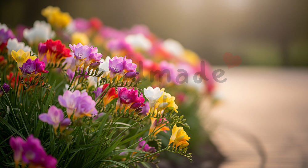 フリー素材 無料 写真|午後の光のフリージア花壇やさしいボケ|告知バナーに使えるナチュラルな画像