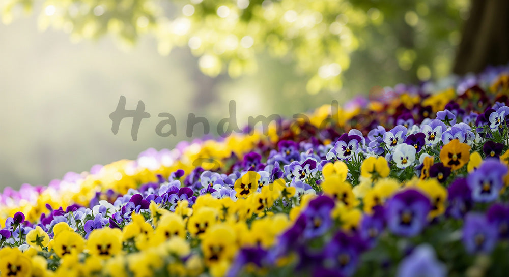 フリー素材 無料 写真|木漏れ日のパンジー花壇斜め構図と余白|作品紹介に使えるナチュラルな画像