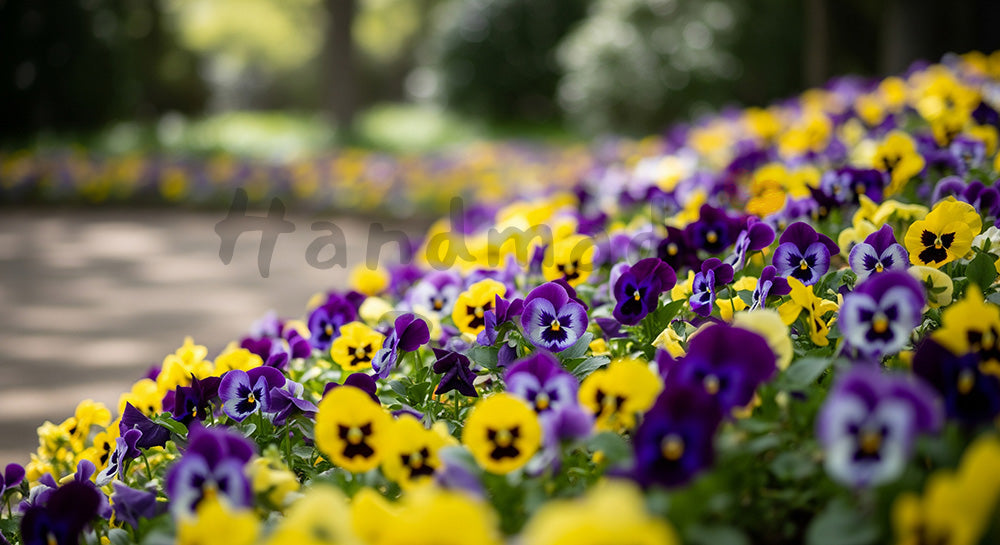フリー素材 無料 写真|木漏れ日のパンジー花壇斜め構図と余白|商品ページに使えるナチュラルな画像