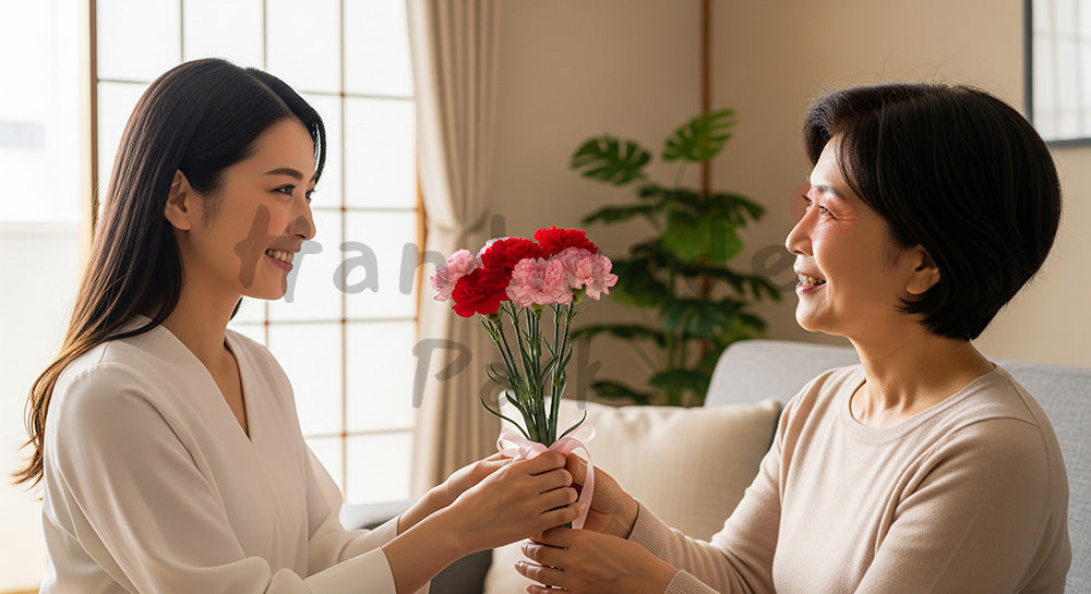 フリー素材 無料 写真|母の日 ナチュラル カーネーションを手渡す親子の瞬間|記事・スライドの差し込みに