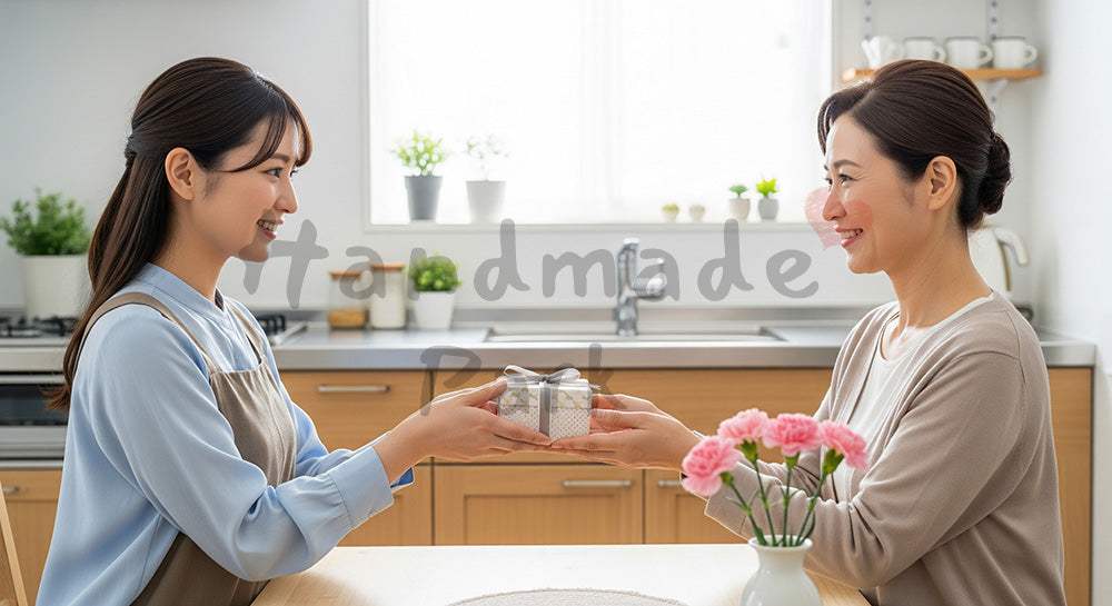 フリー素材 無料 写真|母の日 キッチンで渡す小さなギフト|広告・チラシの挿し絵に