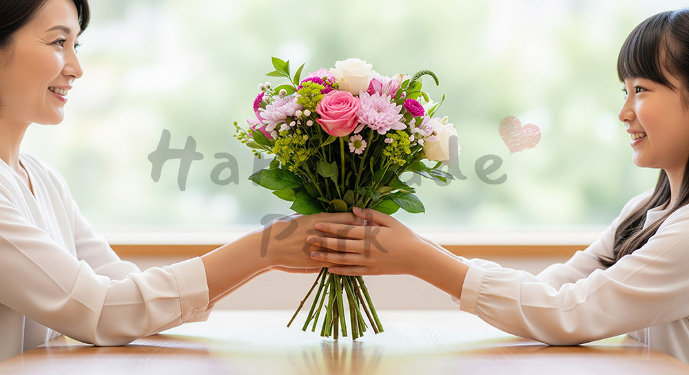 フリー素材 無料 写真|母の日 花束を受け取る手元のアップ|記事・スライドの差し込みに(バナー向け)
