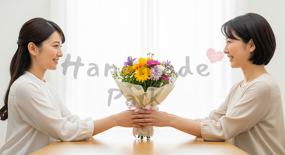 フリー素材 無料 写真|母の日 やさしい 花束を受け取る手元のアップ|記事・スライドの差し込みに