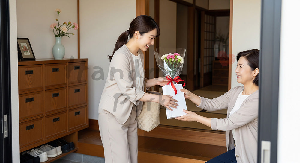 フリー素材 無料 写真|母の日 上品 帰省の手土産とカーネーション|SNS投稿のアイキャッチ向け