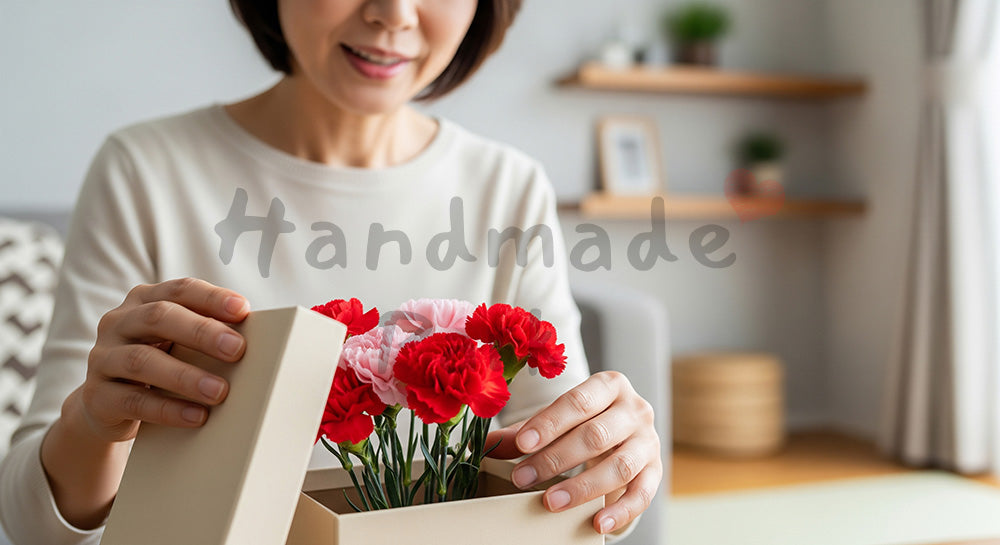 フリー素材 無料 写真|母の日 上品 ギフト開封のワクワク感|SNS投稿のアイキャッチ向け