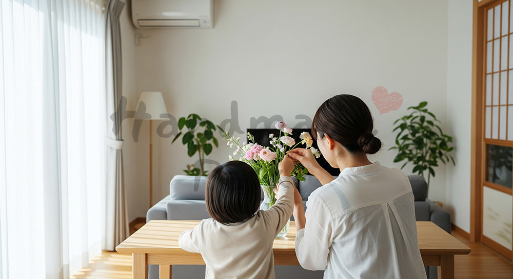 フリー素材 無料 写真|母の日 ナチュラル 花を一緒に飾る家族の時間|LP・バナーに使える素材