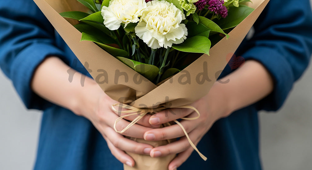 フリー素材 無料 写真|母の日 クラフト紙の花束を持つ手元|告知画像に合わせやすい