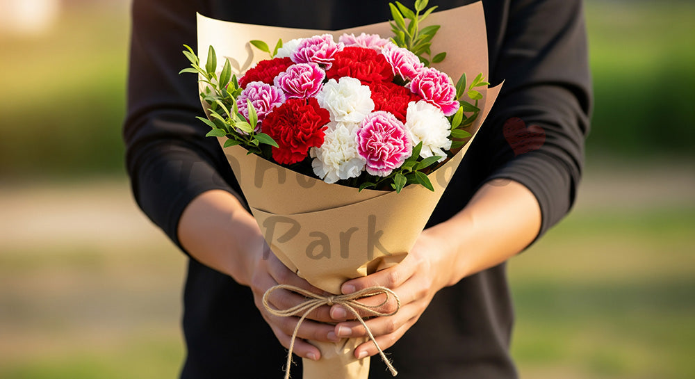フリー素材 無料 写真|母の日 シンプル クラフト紙の花束を持つ手元|告知画像に合わせやすい