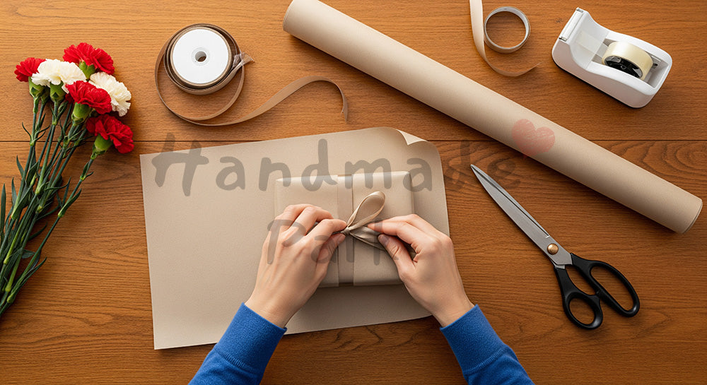 フリー素材 無料 写真|母の日 ギフトラッピングの作業風景 俯瞰|特集ページの見出しに便利