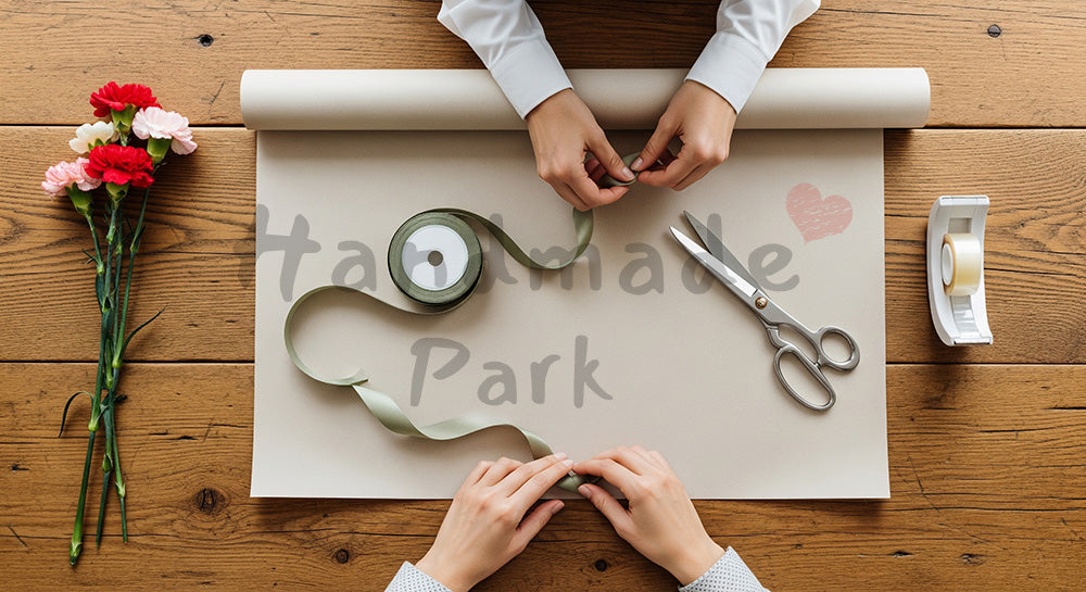 フリー素材 無料 写真|母の日 ミニマルな ギフトラッピングの作業風景 俯瞰|コピーを載せやすい構図