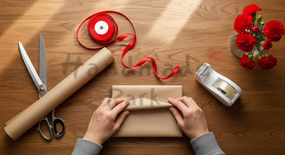 フリー素材 無料 写真|母の日 温かい ギフトラッピングの作業風景 俯瞰|コピーを載せやすい構図