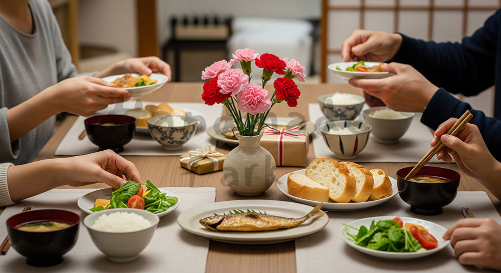 フリー素材 無料 写真|母の日 食卓に花とギフトを添える|特集ページの見出しに便利(特集向け)