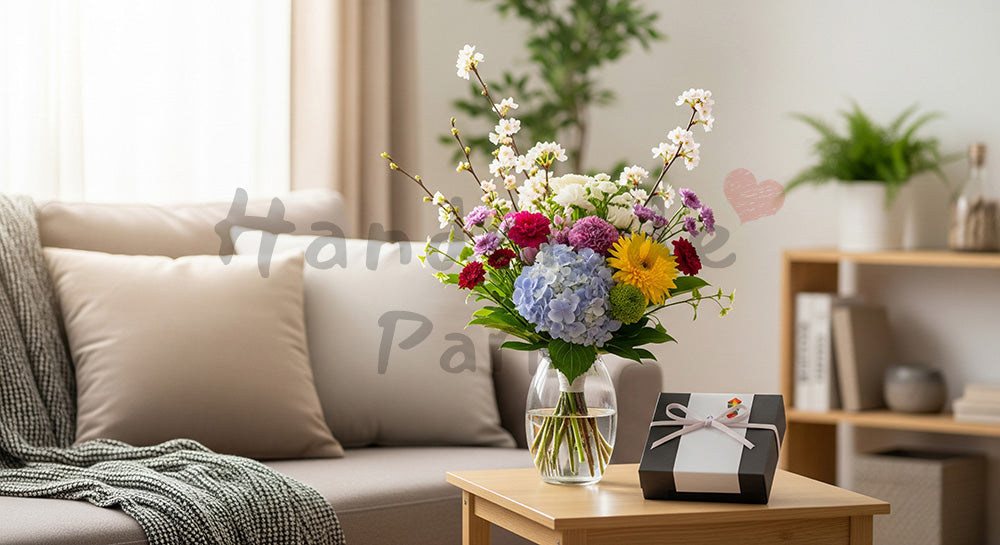 フリー素材 無料 写真|母の日 リビングのサイドテーブルに置いたギフト|記事・スライドの差し込みに