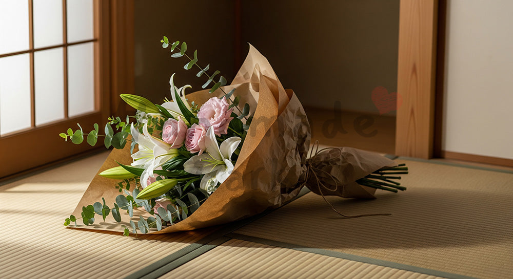 フリー素材 無料 写真|母の日 ナチュラル クラフト紙の質感と花束の静物|ショップ案内・キャンペーン向け