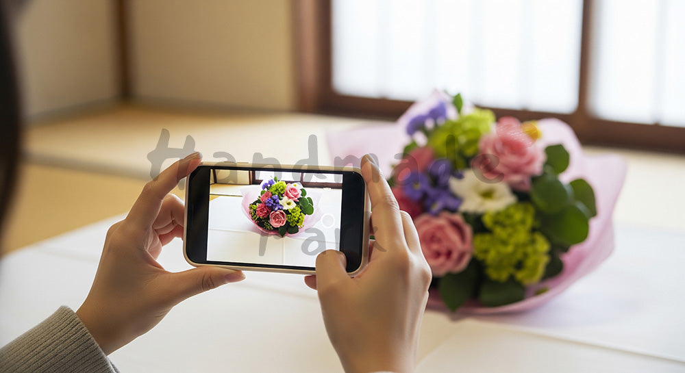 フリー素材 無料 写真|母の日 花束を撮影する手元(SNS投稿イメージ)|記事・スライドの差し込みに