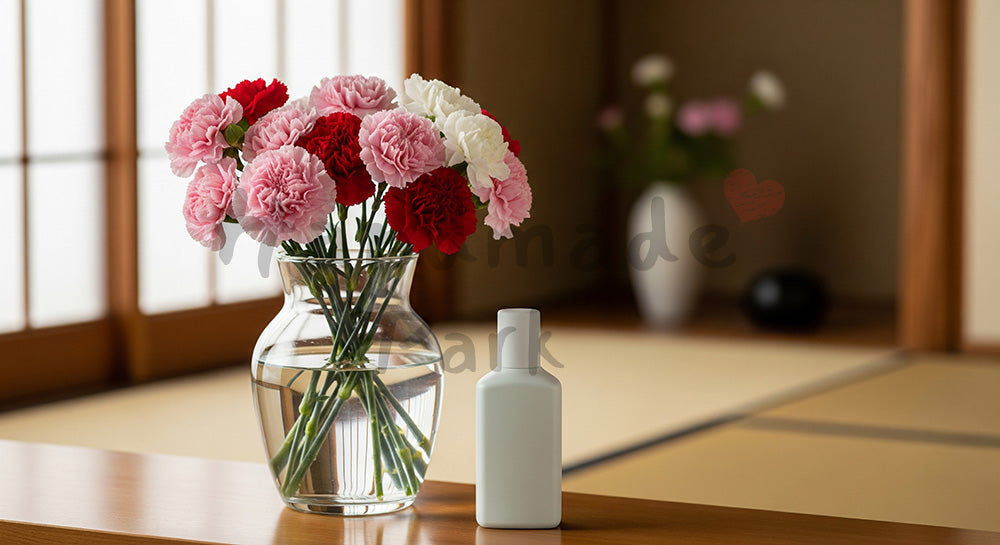 フリー素材 無料 写真|母の日 花と無地ボトル(美容ギフトイメージ)|ショップ案内・キャンペーン向け