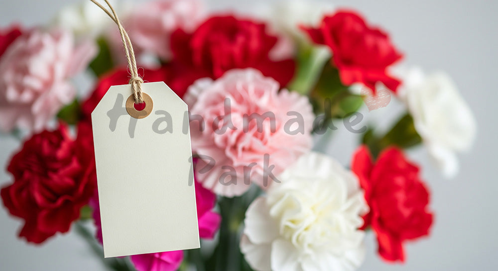 フリー素材 無料 写真|母の日 ナチュラル 無地タグにピント 花束ボケ背景|特集ページの見出しに便利