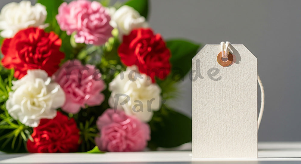 フリー素材 無料 写真|母の日 無地タグにピント 花束ボケ背景|ショップ案内・キャンペーン向け