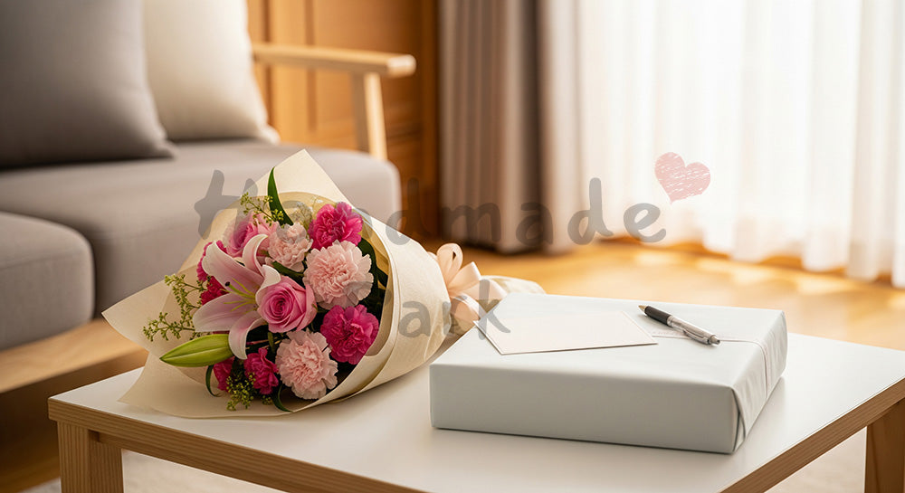 フリー素材 無料 写真|母の日 リビングのローテーブルに揃えたギフト一式|LP・バナーに使える素材