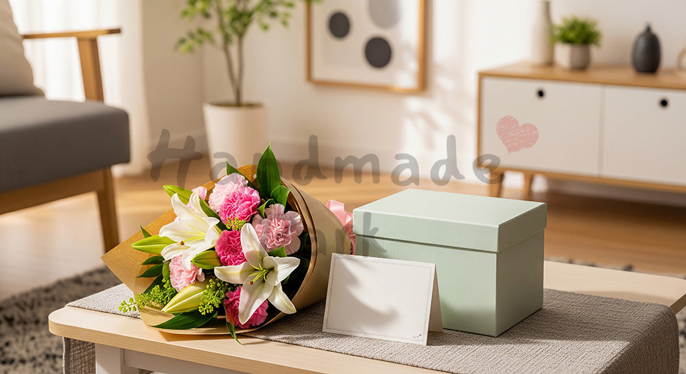 フリー素材 無料 写真|母の日 やさしい リビングのローテーブルに揃えたギフト一式|特集ページの見出しに便利