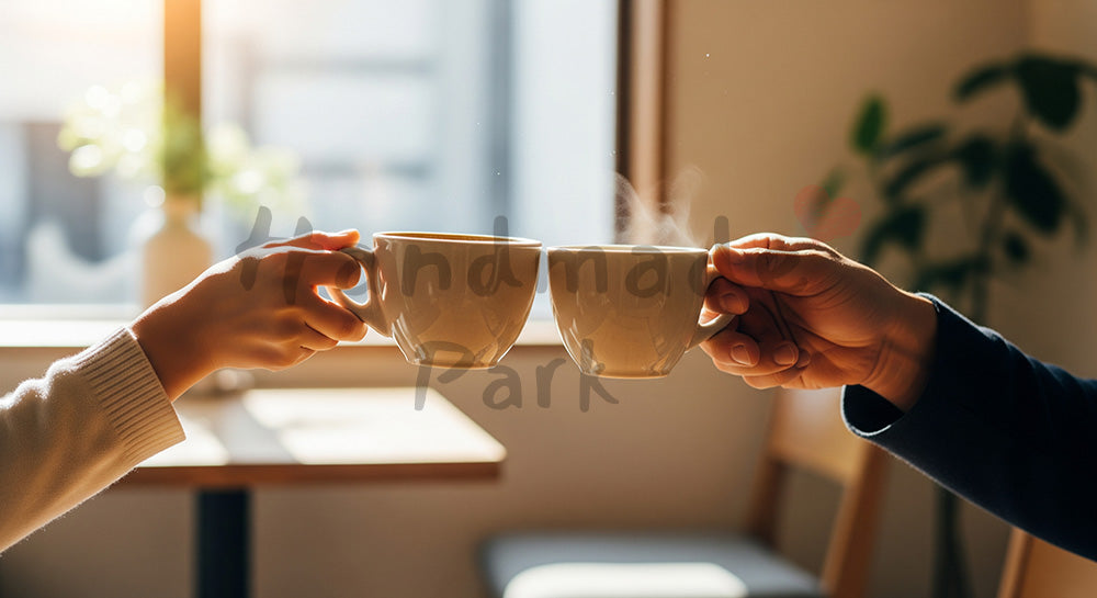 フリー素材 無料 写真|父の日向け カフェでコーヒー乾杯 手元中心|SNS投稿のアイキャッチ向け