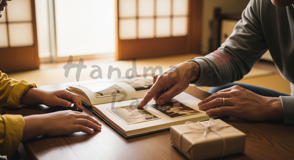 フリー素材 無料 写真|父の日向け 思い出を振り返る手元とギフト|ギフト訴求に使いやすい