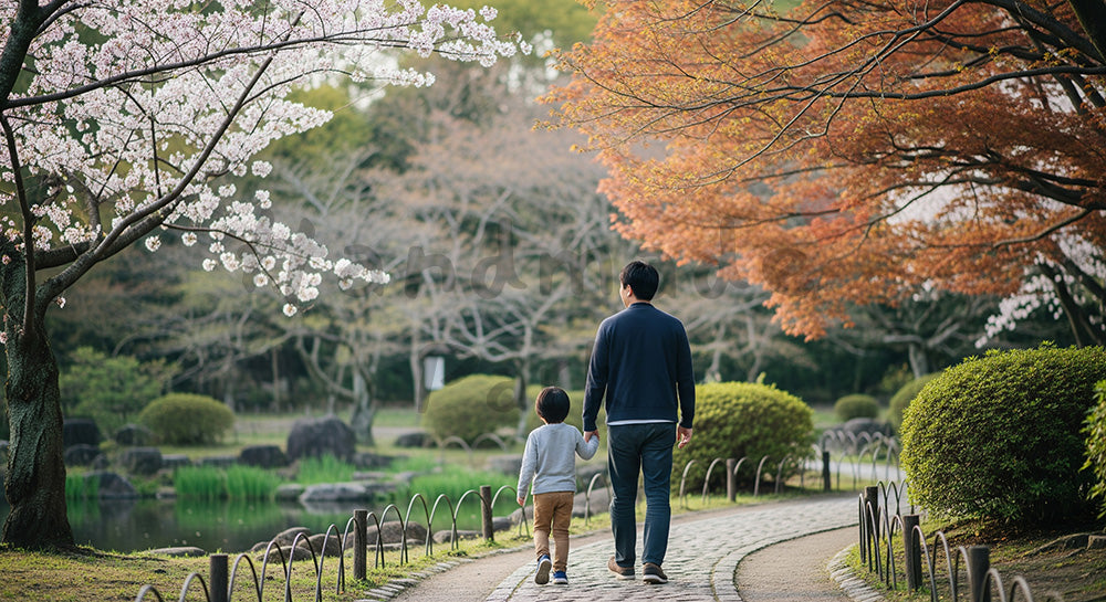 フリー素材 無料 写真|父の日 公園で散歩する親子(後ろ姿) シーン|キャンペーン告知に便利