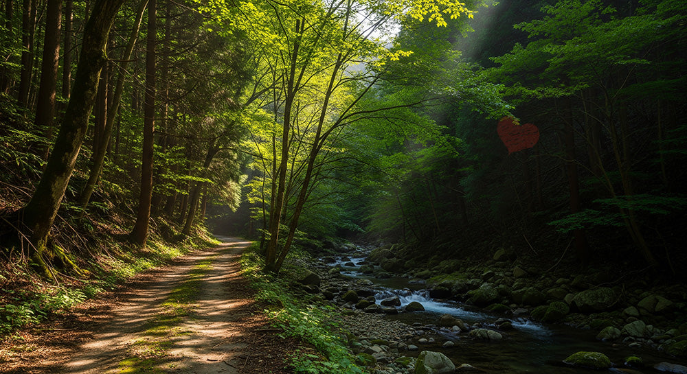 フリー素材 無料 写真|小川沿いの日本の森の小道 水辺の反射が美しい背景向け風景素材|スライド背景として使える
