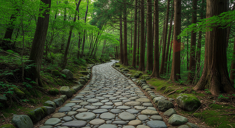 フリー素材 無料 写真|丸い石が並ぶ日本の林の自然な小道 資料や背景に使いやすい風景素材|Webデザインの挿し絵に便利