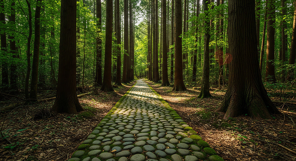 フリー素材 無料 写真|丸い石が並ぶ日本の林の自然な遊歩道 資料や背景に使いやすい風景素材|スライド背景として使える