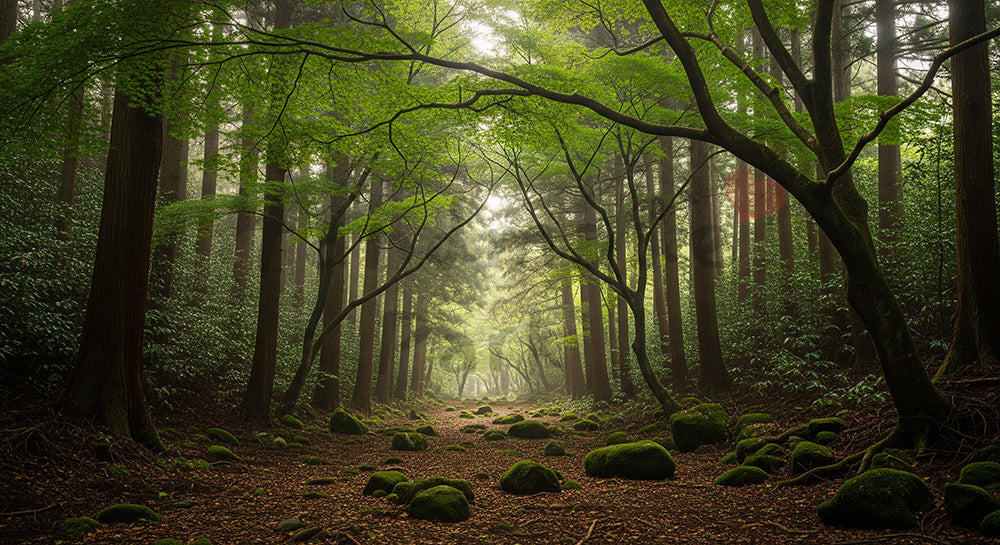フリー素材 無料 写真|日本の左右対称に近い木立と中央の道が美しい日本の森の背景向け風景素材|資料・LPの背景に使いやすい