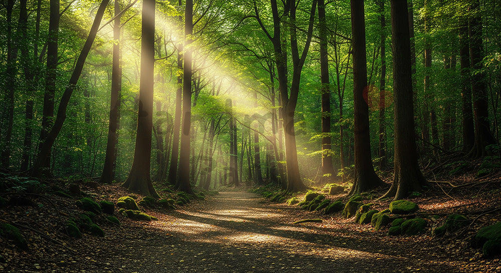 フリー素材 無料 写真|左右対称に近い木立と中央の道が美しい日本の森の背景向け風景素材|スライド背景として使える