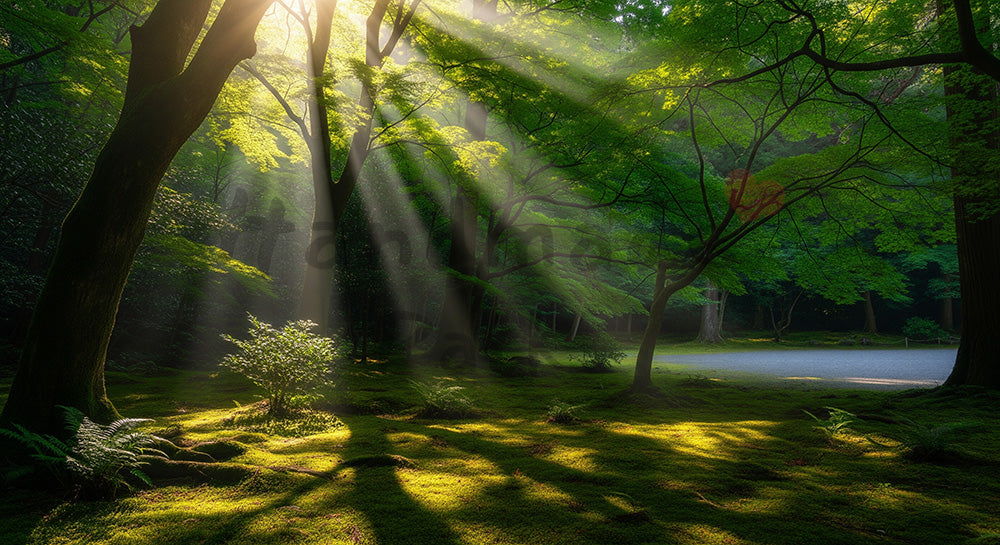 フリー素材 無料 写真|日本の斜光が入る日本の森の開けた場所 緑の階調が美しい背景向け風景素材|資料・LPの背景に使いやすい