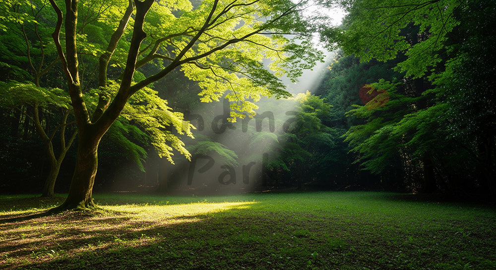 フリー素材 無料 写真|斜光が入る日本の森の開けた場所 緑の階調が美しい背景向け風景素材|Webデザインの挿し絵に便利