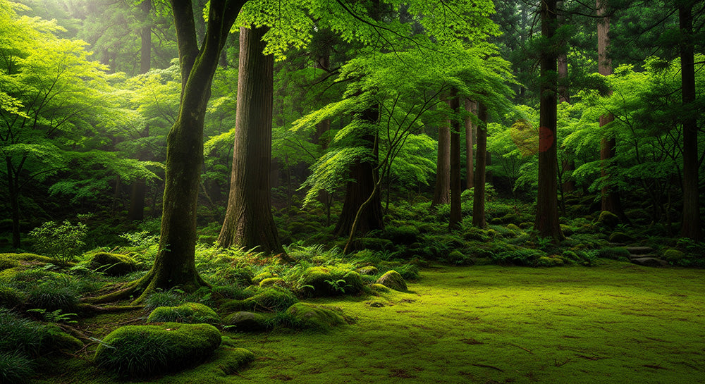 フリー素材 無料 写真|斜光が入る日本の森の開けた場所 緑の階調が美しい背景向け風景素材|資料・LPの背景に使いやすい