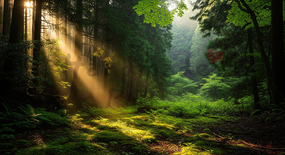 フリー素材 無料 写真|斜光が入る日本の森の開けた場所 緑の階調が美しい背景向け風景素材|Webデザインの挿し絵に便利