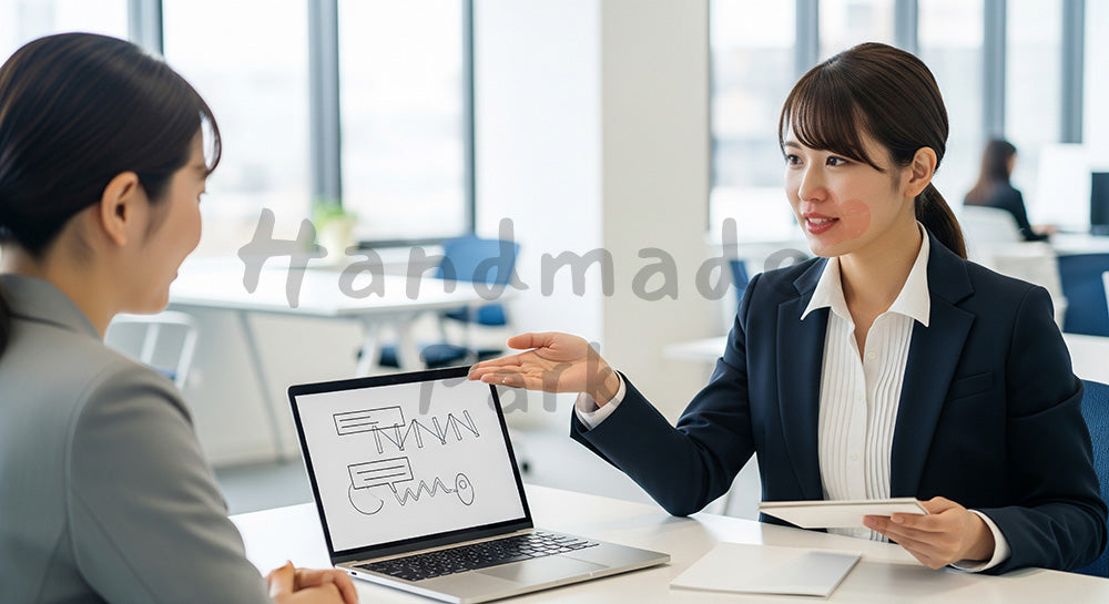 フリー素材 無料 写真|採用向け 日本人女性営業がノートPCで提案説明する爽やかなオフィス写真|記事・スライドの差し込みに