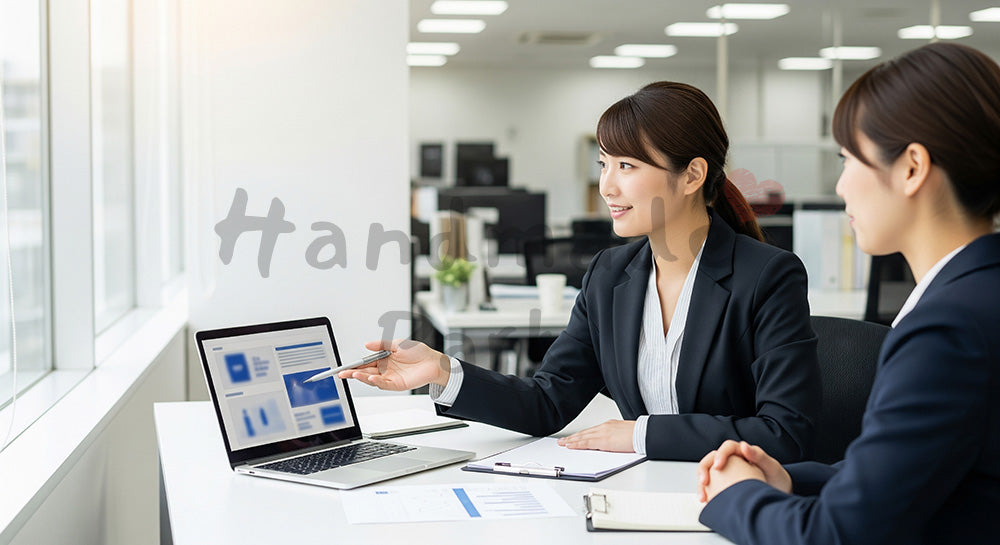 フリー素材 無料 写真|採用向け 日本人女性営業がノートPCで提案説明する爽やかなオフィス写真|SNS投稿のアイキャッチ画像向け