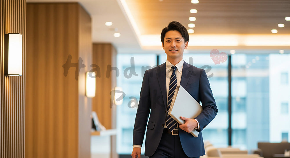 フリー素材 無料 写真|採用向け 日本人営業が資料を持って社内ロビーを歩く爽やかビジネス写真 シーン|特集ページの見出しに便利