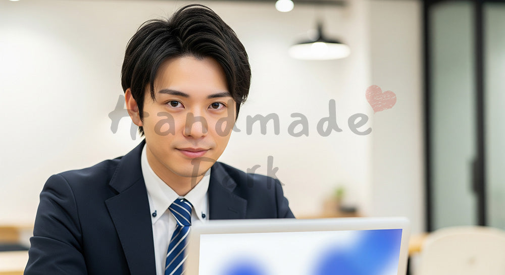 フリー素材 無料 写真|採用向け 日本人若手営業がコワーキングでPC作業する爽やかプロフィール写真|記事・スライドの差し込みに