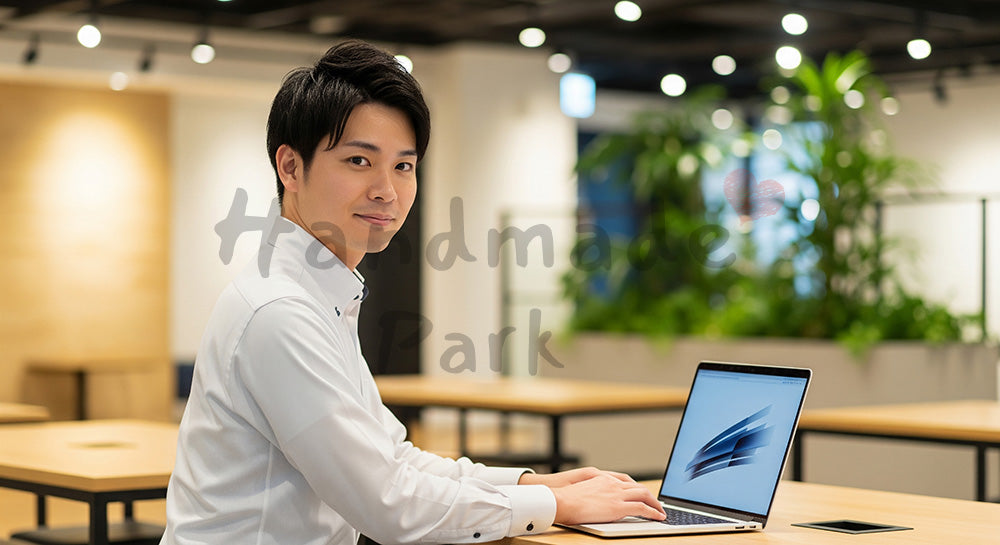 フリー素材 無料 写真|採用向け 日本人若手営業がコワーキングでPC作業する爽やかプロフィール写真 シーン|LP・バナーに使いやすい