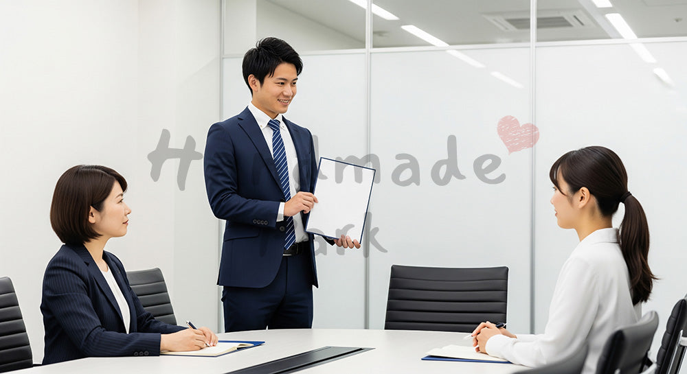 フリー素材 無料 写真|若手営業の採用向け 日本人男性が提案資料を手に自信を見せる商談写真 シーン|SNS投稿のアイキャッチ画像向け