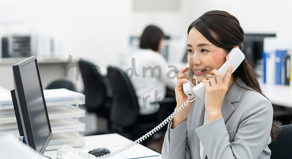 フリー素材 無料 写真|経験豊富な営業の採用向け 日本人女性が電話で顧客対応する信頼感の写真 シーン|特集ページの見出しに便利