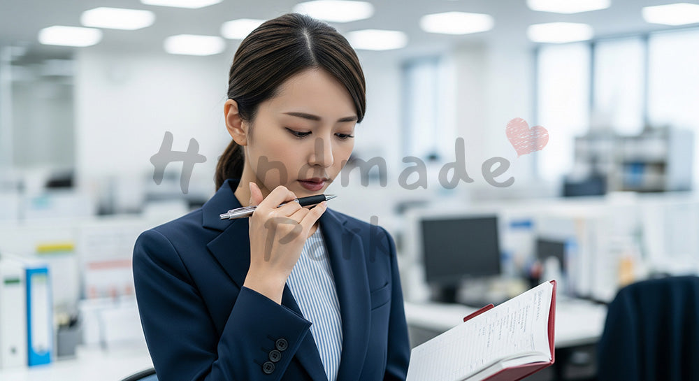 フリー素材 無料 写真|採用向け 日本人女性営業がタスク整理し気持ちを整えるリアルな仕事写真|記事・スライドの差し込みに