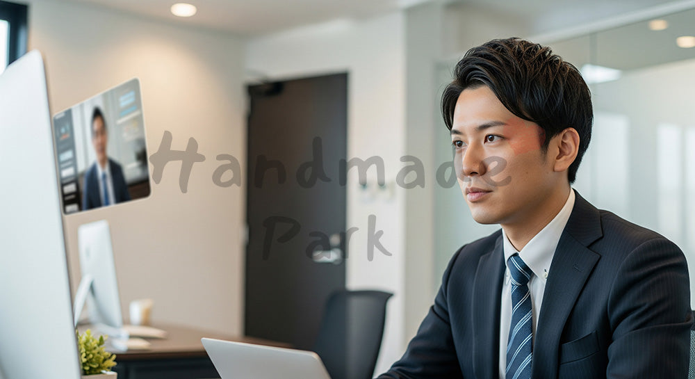 フリー素材 無料 写真|DX/SaaS向け 日本人営業がオンラインで提案共有する真剣なオフィス写真|LP・バナーに使いやすい
