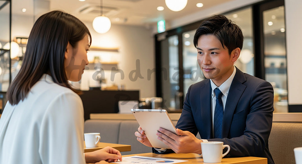 フリー素材 無料 写真|採用向け 日本のカフェでタブレット提案する日本人営業の自然体商談写真|特集ページの見出しに便利