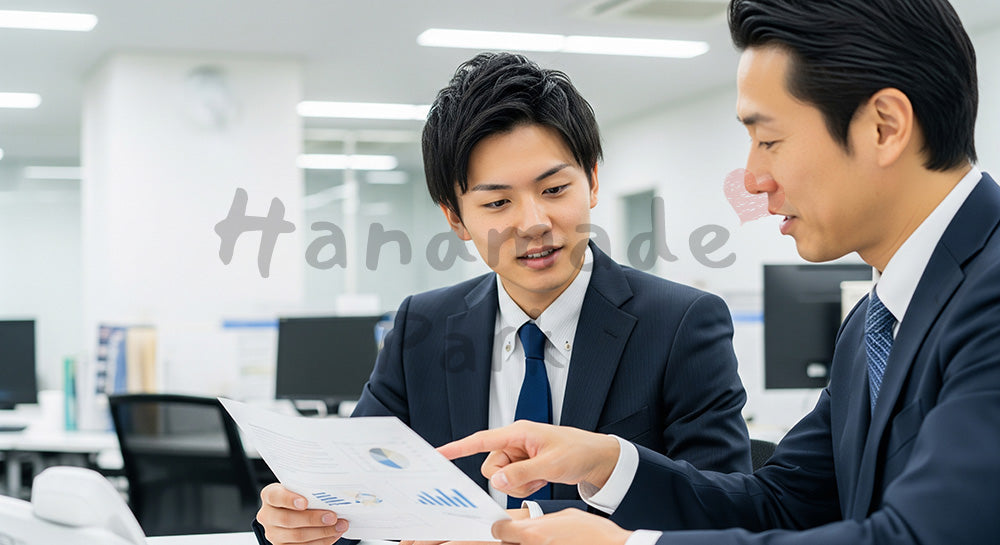 フリー素材 無料 写真|採用向け 日本人若手営業が先輩と資料確認する学びが見えるオフィス写真|SNS投稿のアイキャッチ画像向け